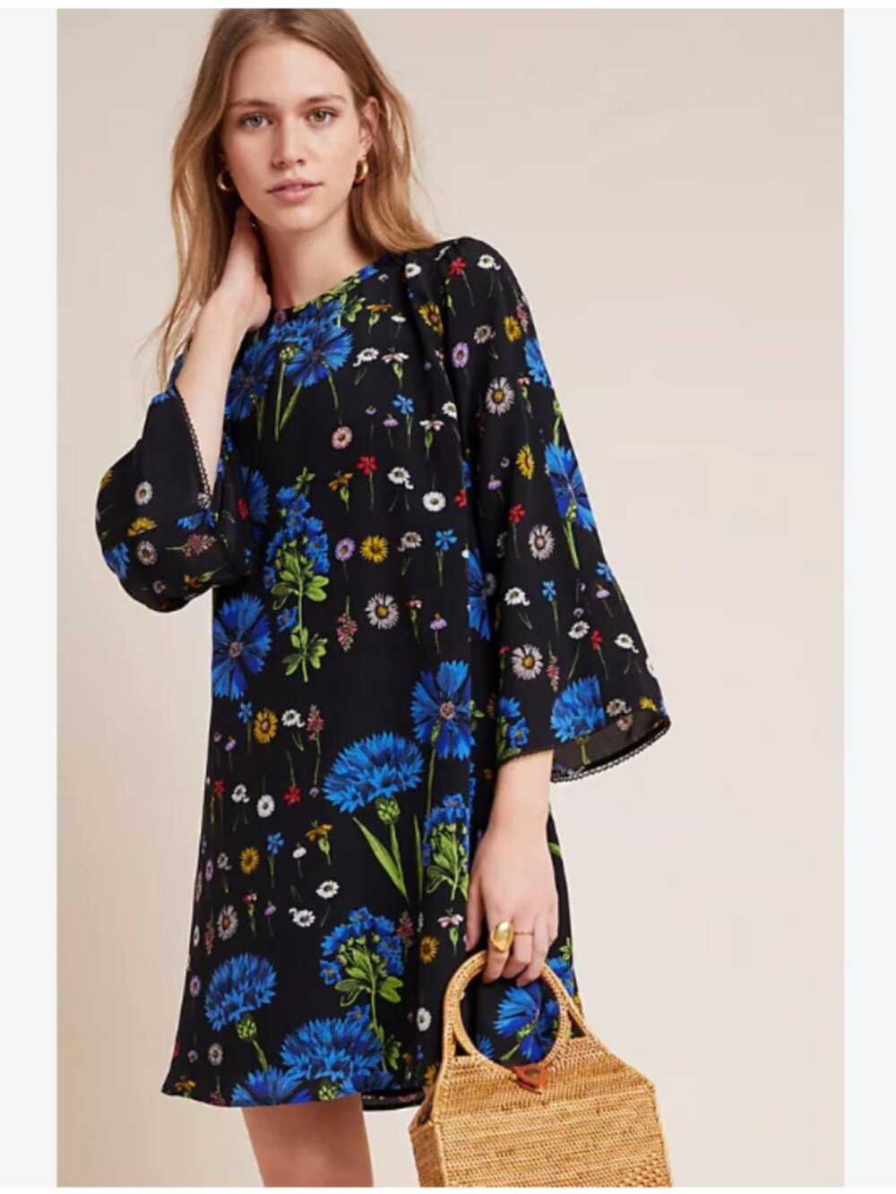 Anthropologie Maeve Lucinda Black & Blue Floral Silk Tunic Mini Dress XS